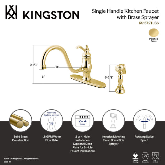 Kingston KS1572TLBS Gourmetier Single-Handle Kitchen Faucet with Brass Sprayer, Polished Brass design and dimensions.