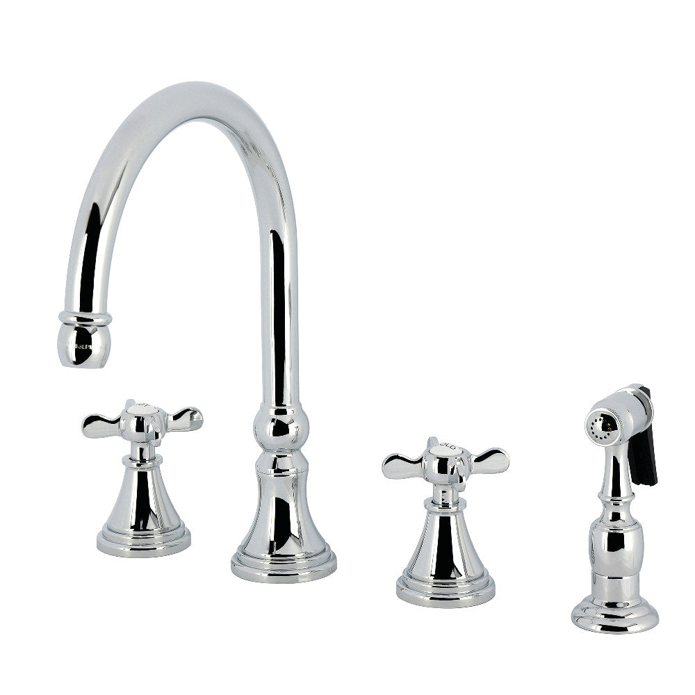 Kingston Brass KS2798BEXBS Essex Double-Handle Widespread Kitchen Faucet with Brass Sprayer, Brushed Nickel