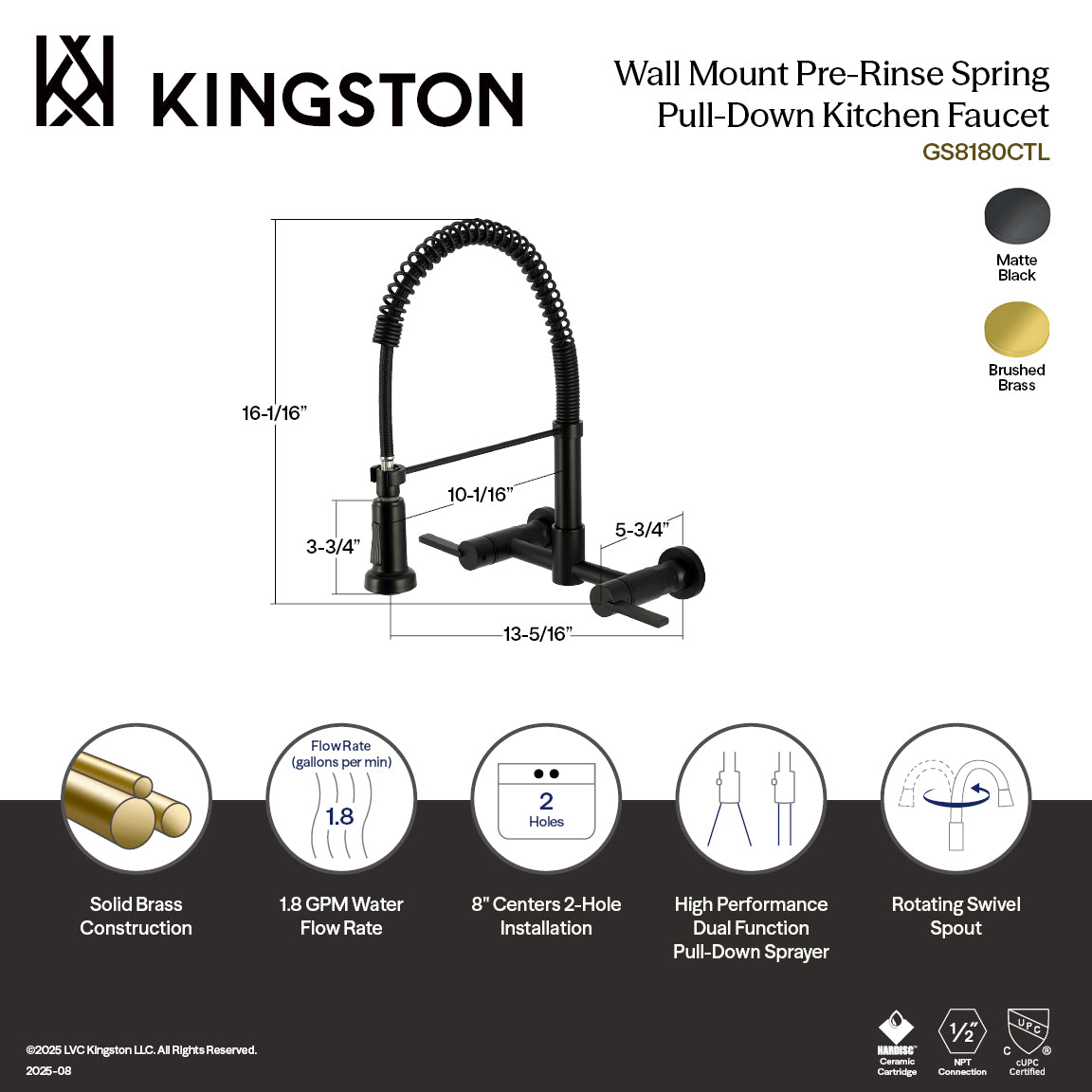 Kingston Brass GS8187CTL Continental Double-Handle Wall-Mount Pre-Rinse Bridge Kitchen Faucet, Brushed Brass image with dimensions and features