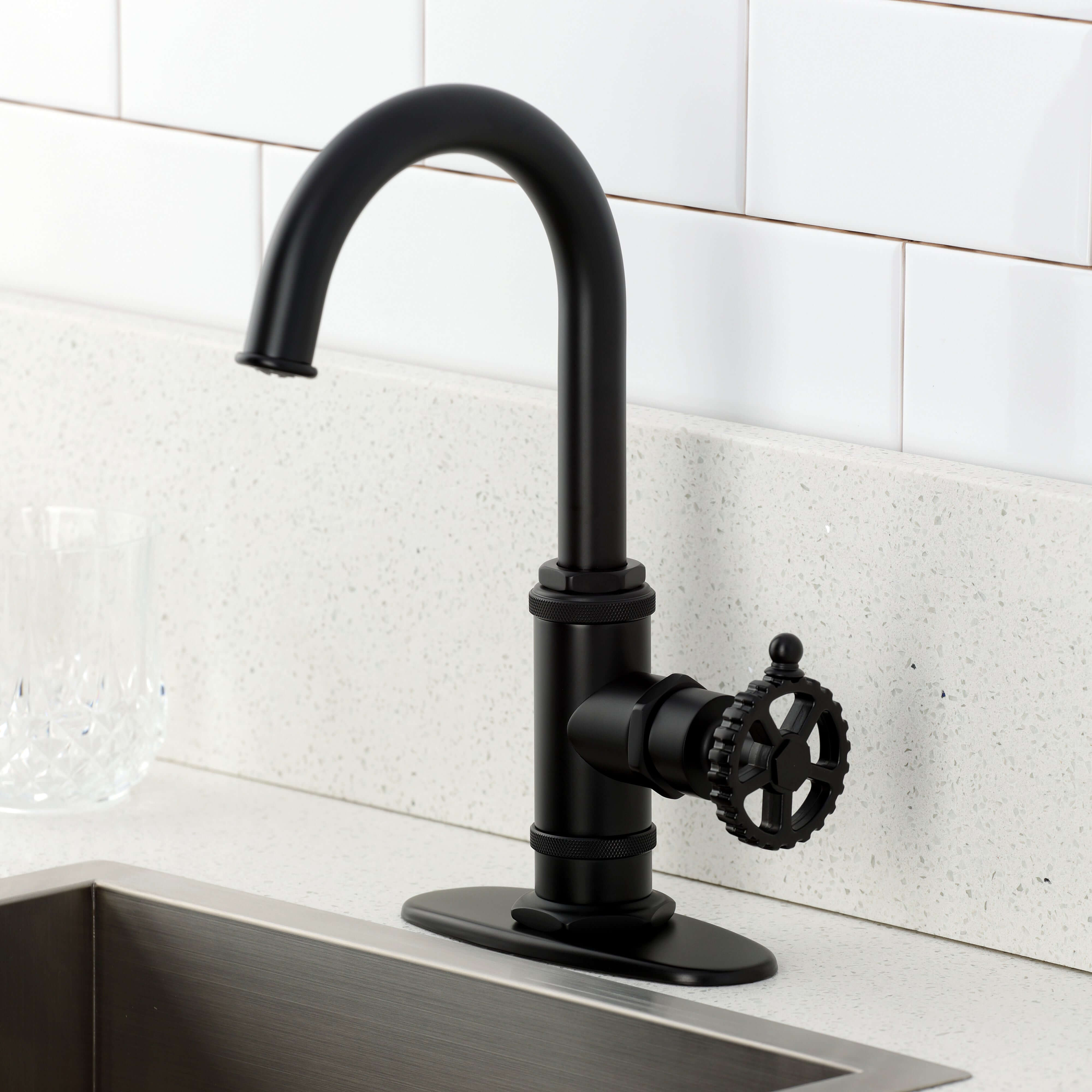 Kingston Brass KSD8503CG Fuller Single-Handle Bar Faucet, Antique Brass in modern kitchen setting