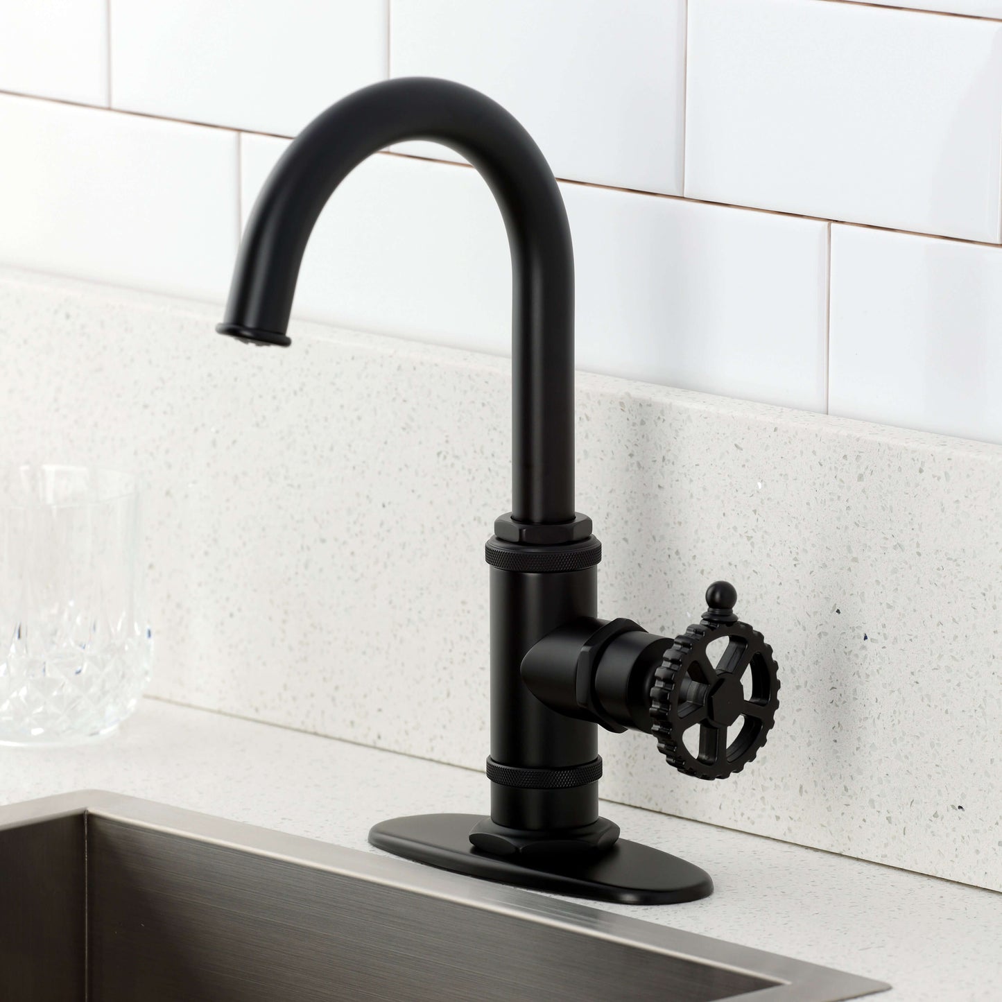 Kingston Brass KSD8503CG Fuller Single-Handle Bar Faucet, Antique Brass in modern kitchen setting