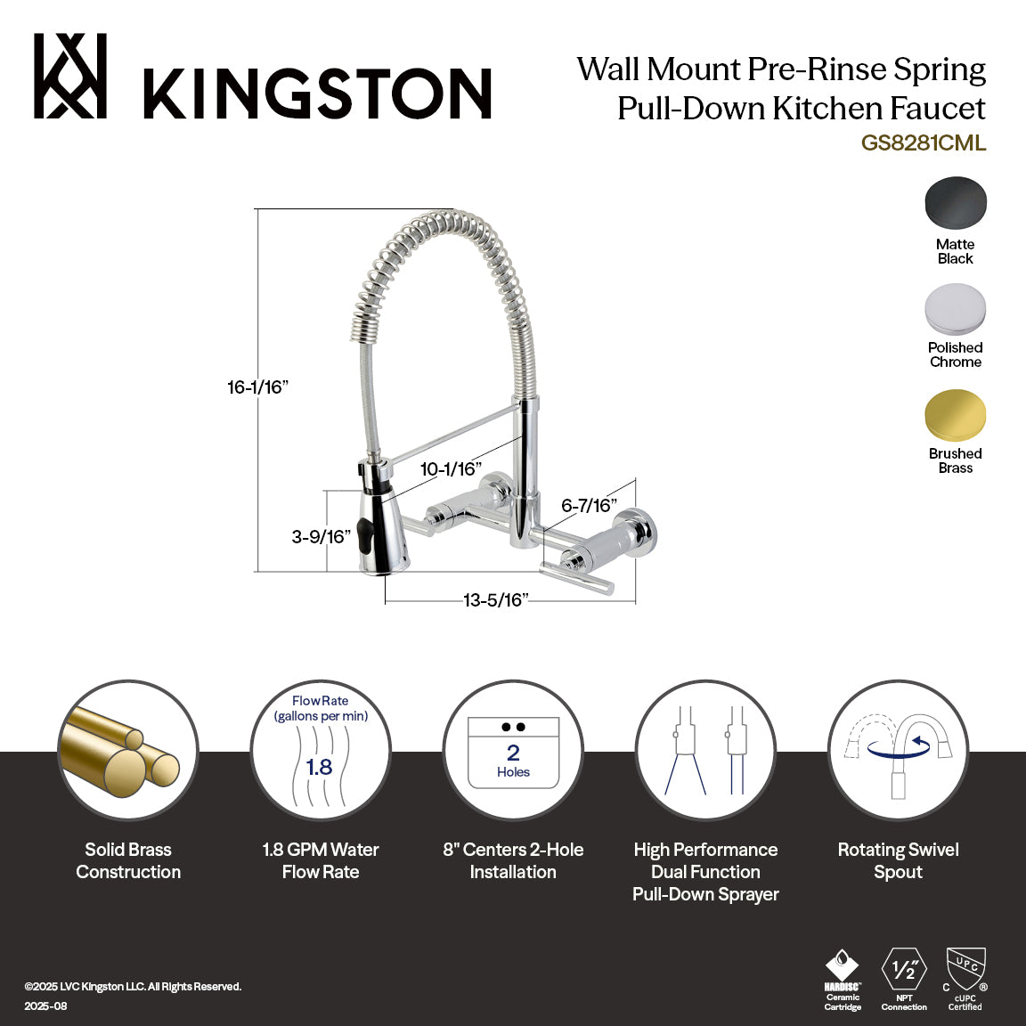 Kingston Brass GS8287CML Manhattan Double-Handle Wall-Mount Pre-Rinse Bridge Kitchen Faucet, Brushed Brass dimensions and features