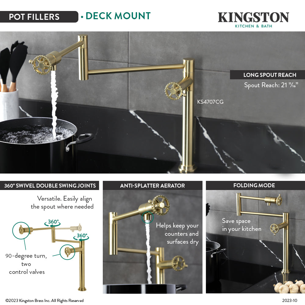 Kingston Brass KS4703CG Fuller Deck Mount Pot Filler Faucet, Antique Brass with foldable swing arms and long reach.