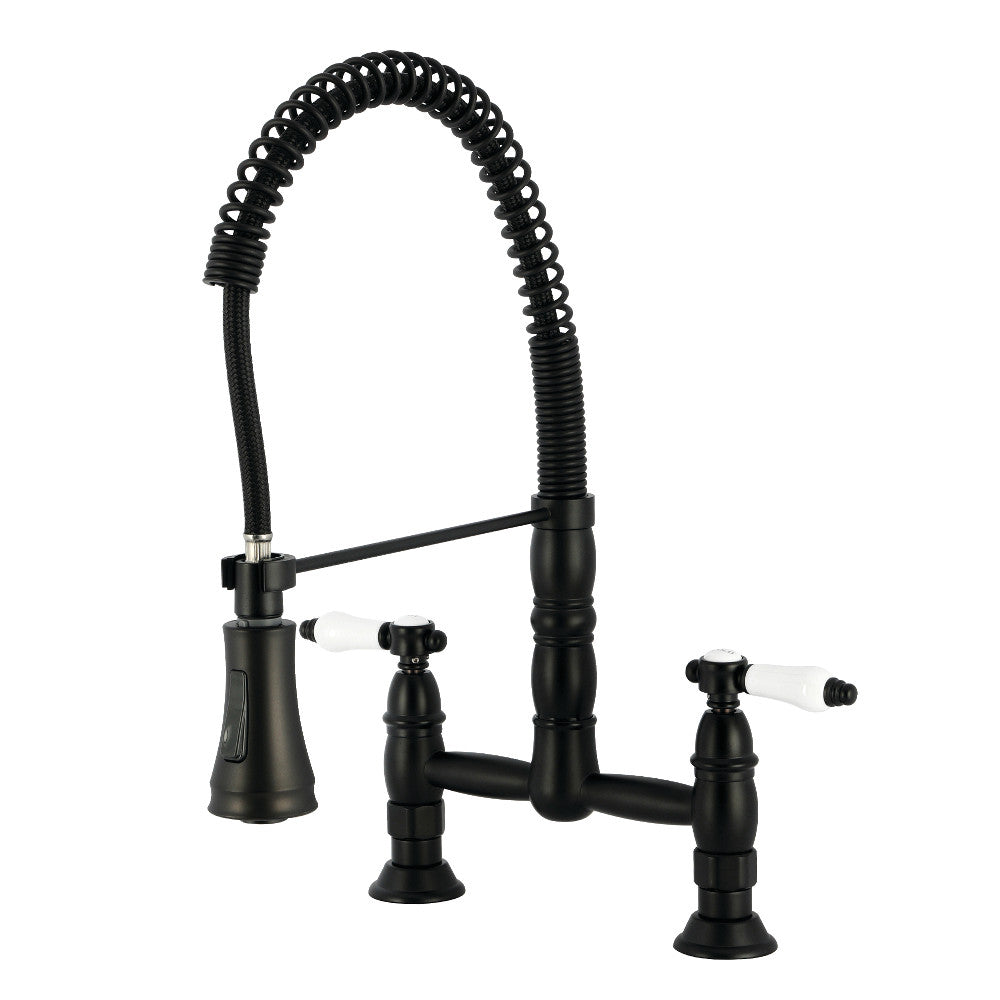 Kingston Brass GS1273BPL Bel-Air Double-Handle Deck-Mount Pre-Rinse Bridge Kitchen Faucet, Antique Brass with Matte Black finish
