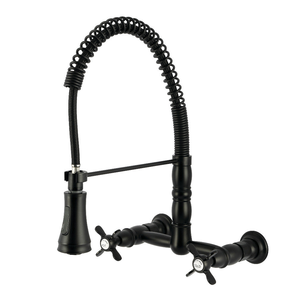 Kingston Brass GS1243BEX Essex Double-Handle Wall-Mount Pre-Rinse Bridge Kitchen Faucet, Antique Brass in matte black finish