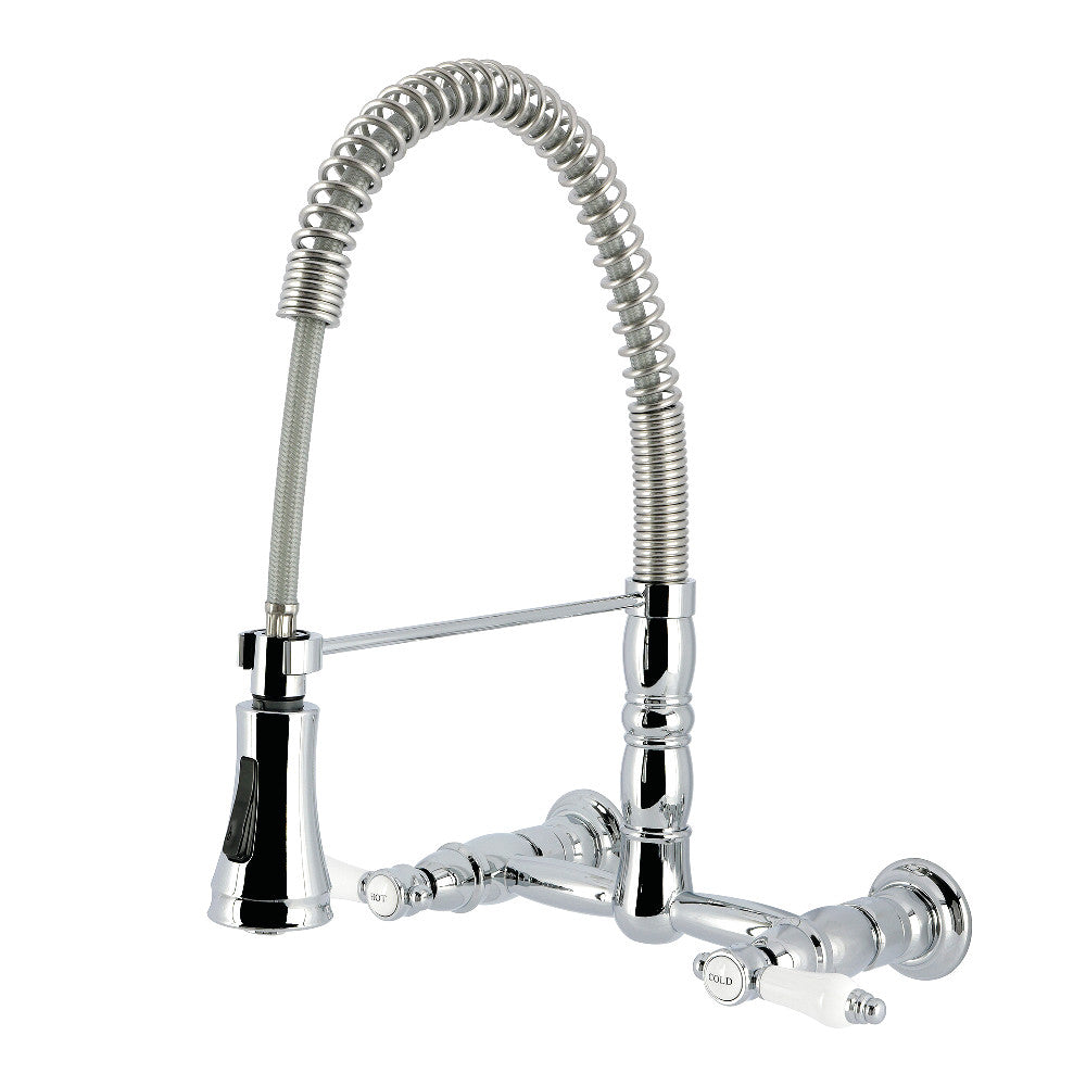 Kingston Brass GS1243BPL Bel-Air Double-Handle Wall-Mount Pre-Rinse Bridge Kitchen Faucet, Antique Brass in polished chrome finish