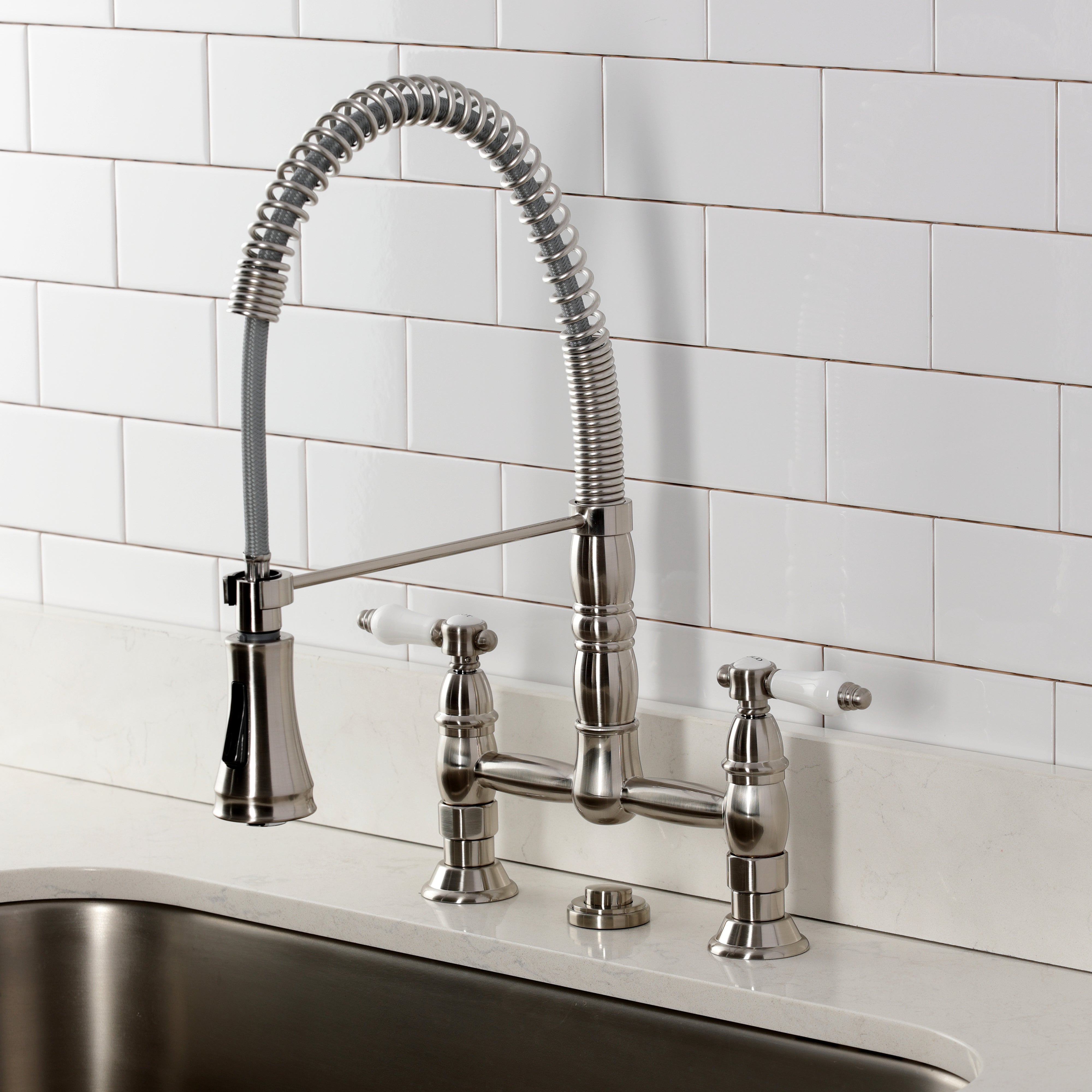 Kingston Brass GS1273BPL Bel-Air Double-Handle Deck-Mount Pre-Rinse Bridge Kitchen Faucet, Antique Brass