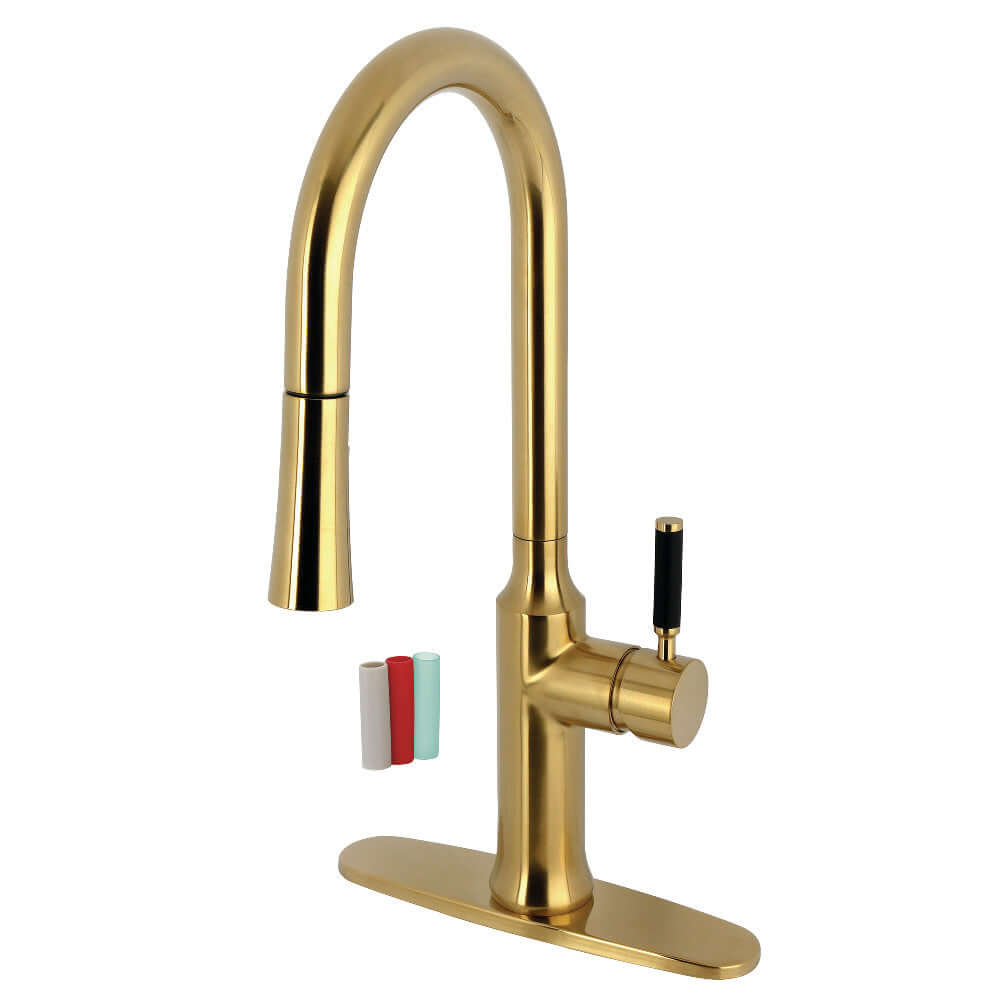 Gourmetier LS2723DKL Kaiser Single-Handle Pull-Down Kitchen Faucet, Brushed Brass with ergonomic design and high arch spout.