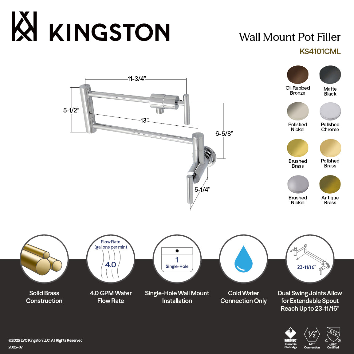 Kingston Brass KS4103CML Manhattan Wall Mount Pot Filler Faucet, Antique Brass specifications and features diagram.