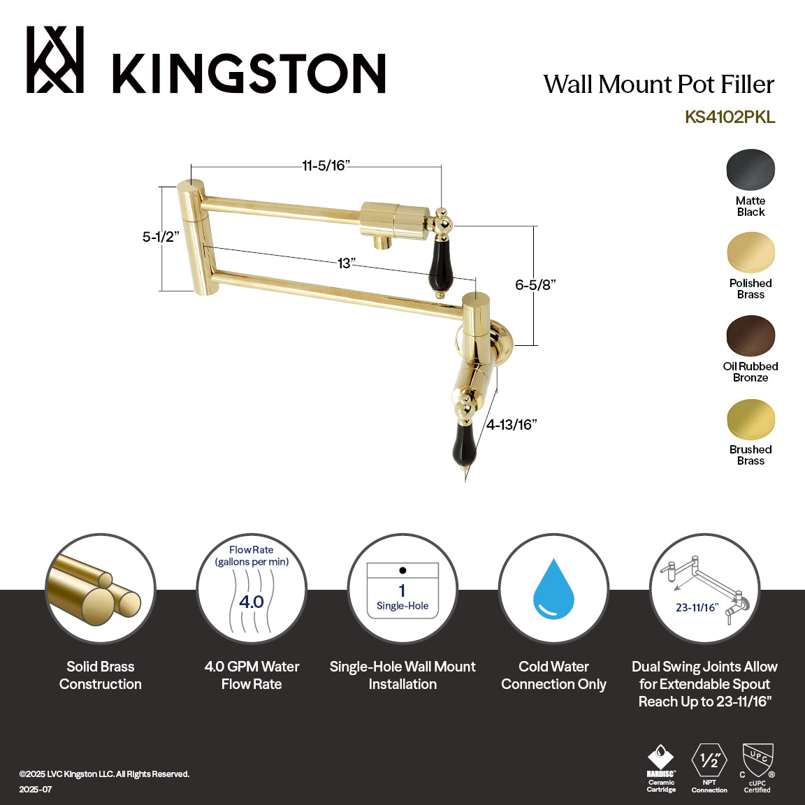Kingston Brass KS4107PKL Duchess Wall Mount Pot Filler Faucet, Brushed Brass with black porcelain handles.