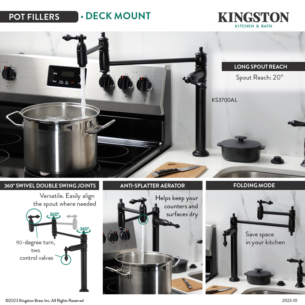 Kingston Brass KS3703AL Restoration Deck Mount Pot Filler Faucet, Antique Brass in kitchen with pot and water.