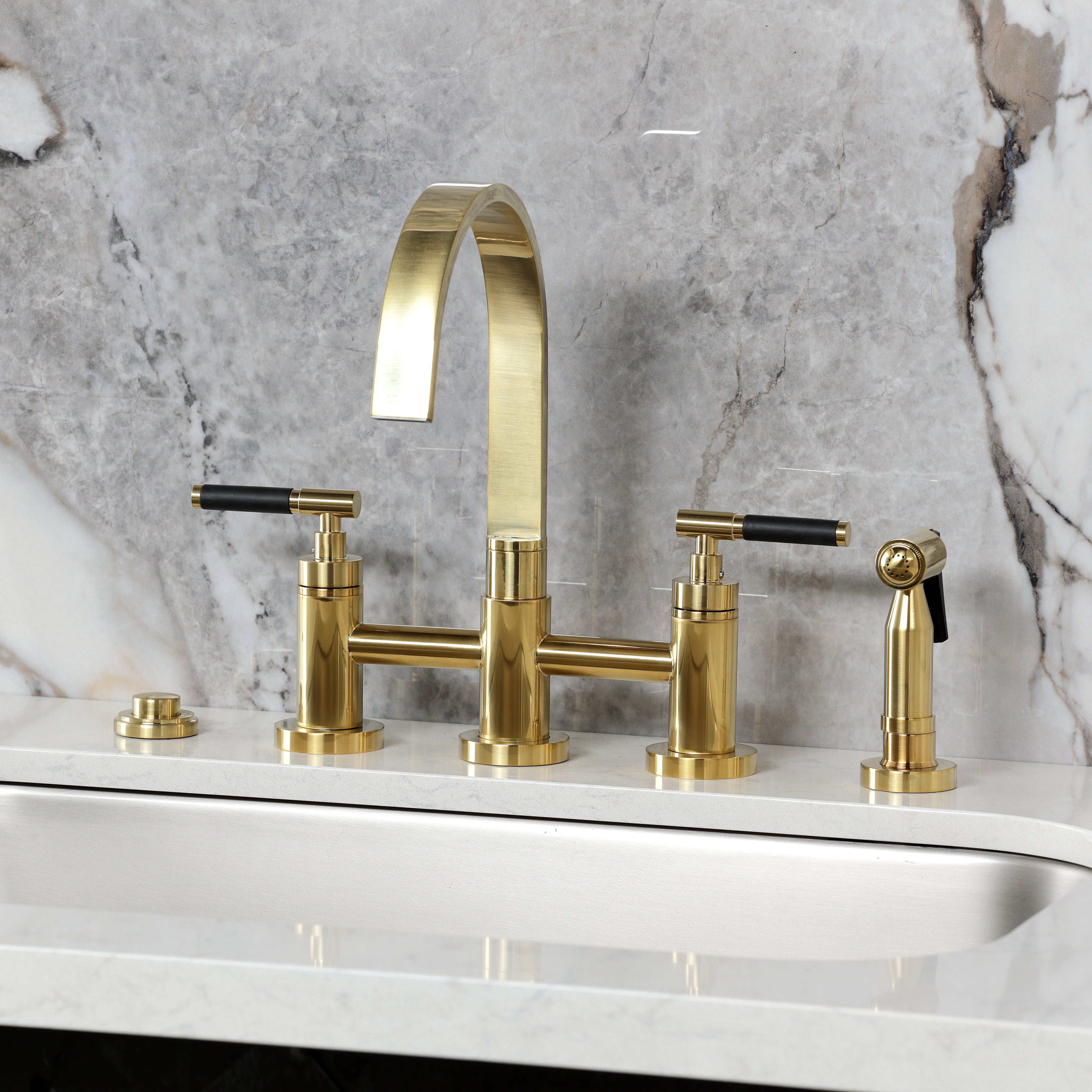 Kingston KS8267CKLBS Kaiser Bridge Kitchen Faucet with Brass Sprayer, Brushed Brass