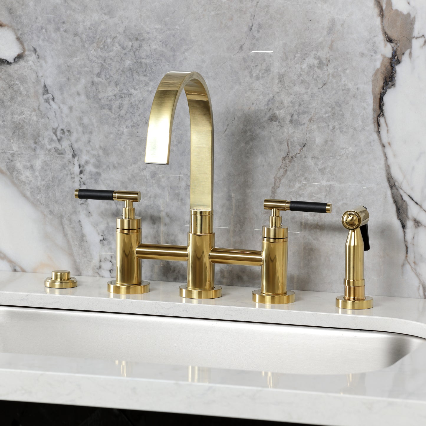 Kingston KS8267CKLBS Kaiser Bridge Kitchen Faucet with Brass Sprayer, Brushed Brass
