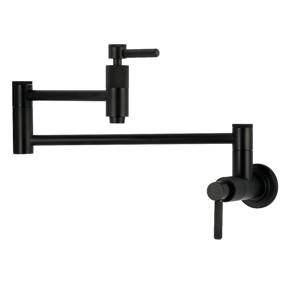 Kingston Brass KS8103KNL Convergent Wall Mount Pot Filler Faucet with Knurled Handle, Antique Brass in Matte Black finish.