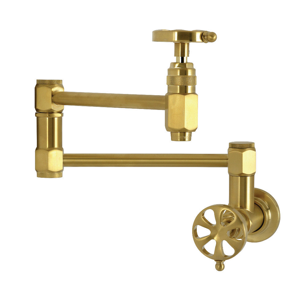Kingston Brass KS5103RX Belknap Wall Mount Pot Filler Faucet, Antique Brass with industrial wheel handles