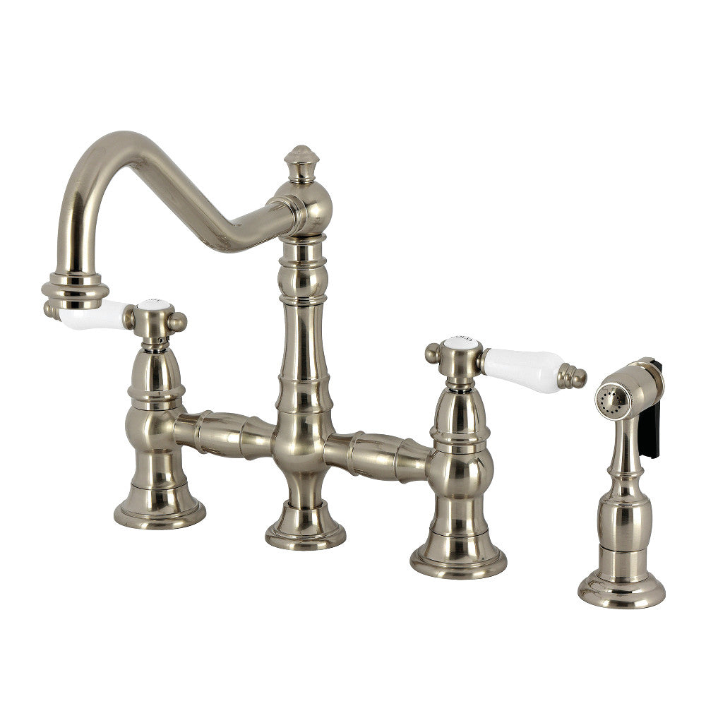 Kingston KS3277BPLBS Bel-Air Bridge Kitchen Faucet with Brass Sprayer, Brushed Brass in elegant design.