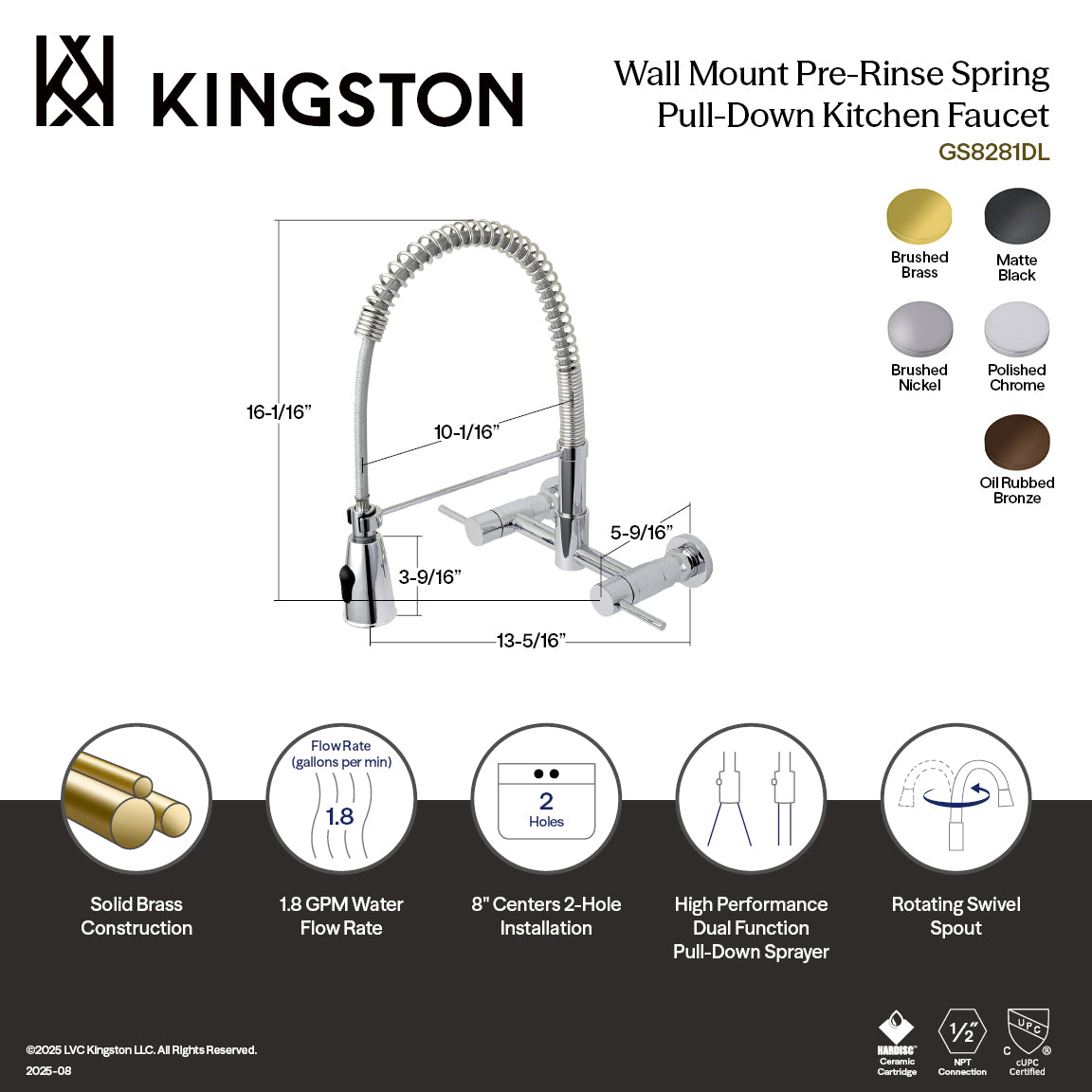 Gourmetier GS8287DL Concord Double-Handle Wall-Mount Pre-Rinse Bridge Kitchen Faucet, Brushed Brass dimensions and features.