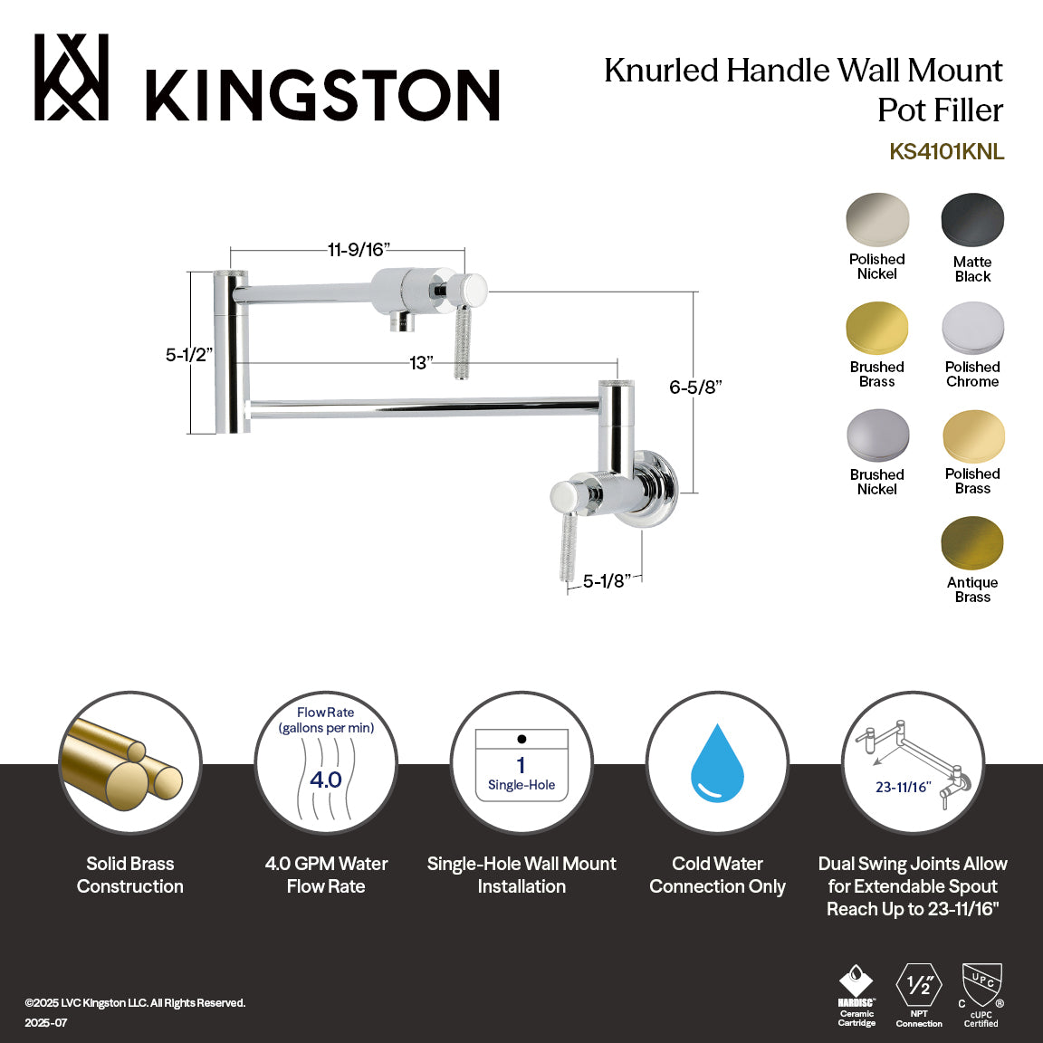 Kingston Brass KS4103KNL Convergent Wall Mount Pot Filler Faucet with Knurled Handle, Antique Brass design diagram.