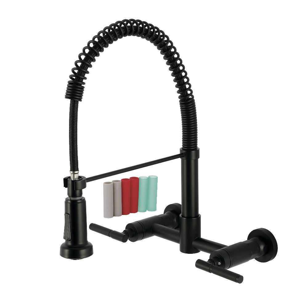 Kingston Brass GS8187CKL Kaiser Double-Handle Wall-Mount Pre-Rinse Bridge Kitchen Faucet, Brushed Brass in matte black finish