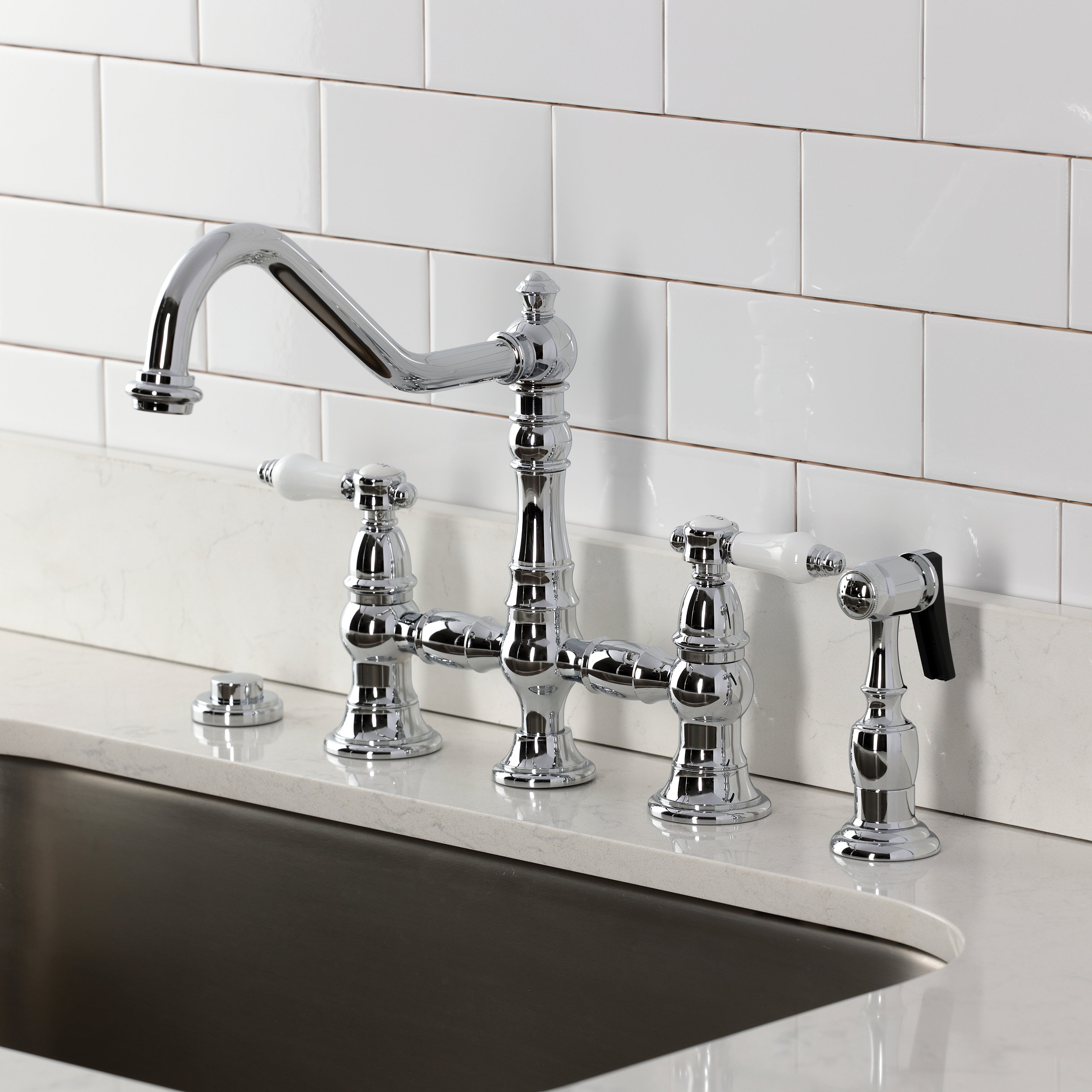 Kingston KS3277BPLBS Bel-Air Bridge Kitchen Faucet with Brass Sprayer, Brushed Brass