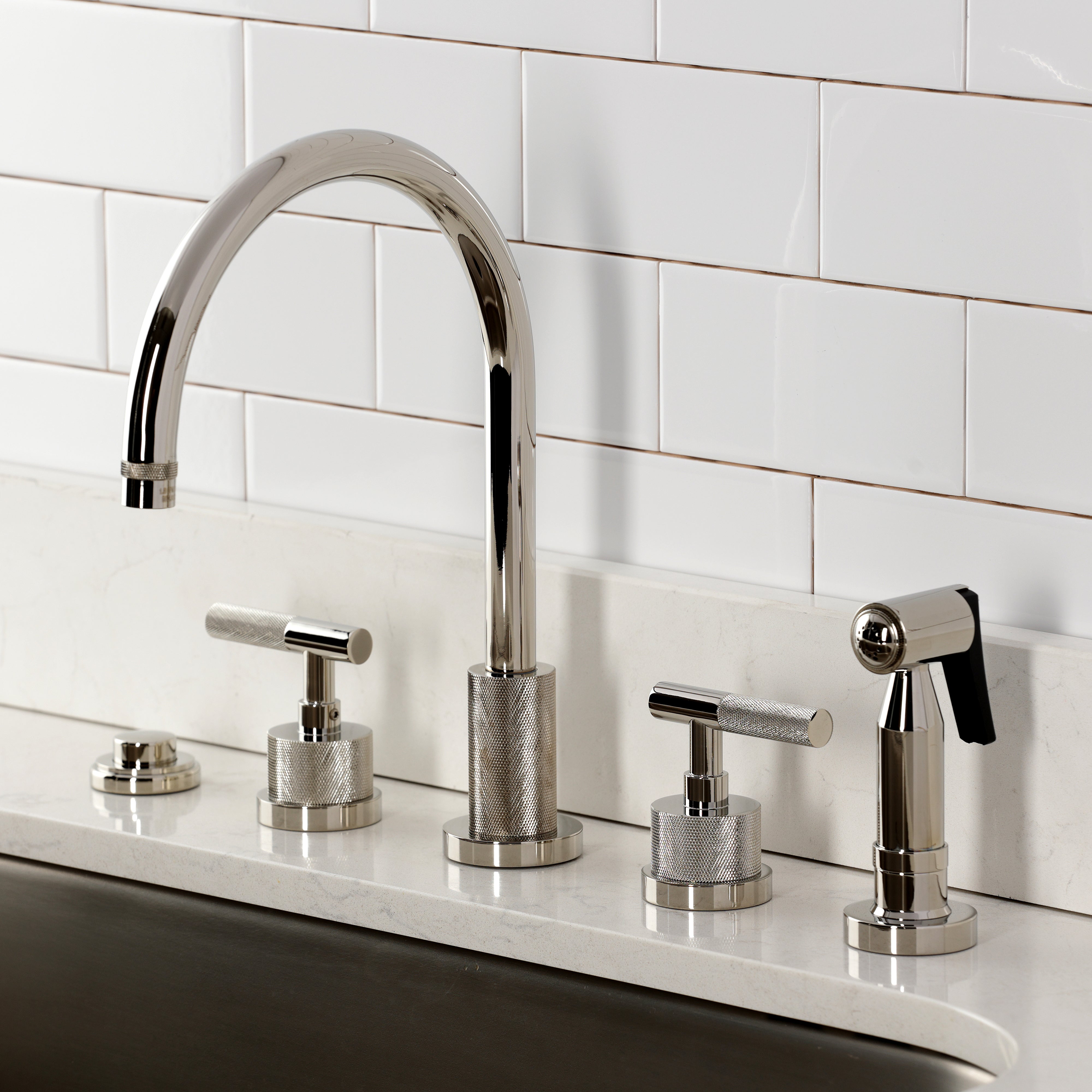 Kingston Brass KS8723KNLBS Convergent Double-Handle Widespread Kitchen Faucet with Knurled Handle and Brass Sprayer, Antique Brass