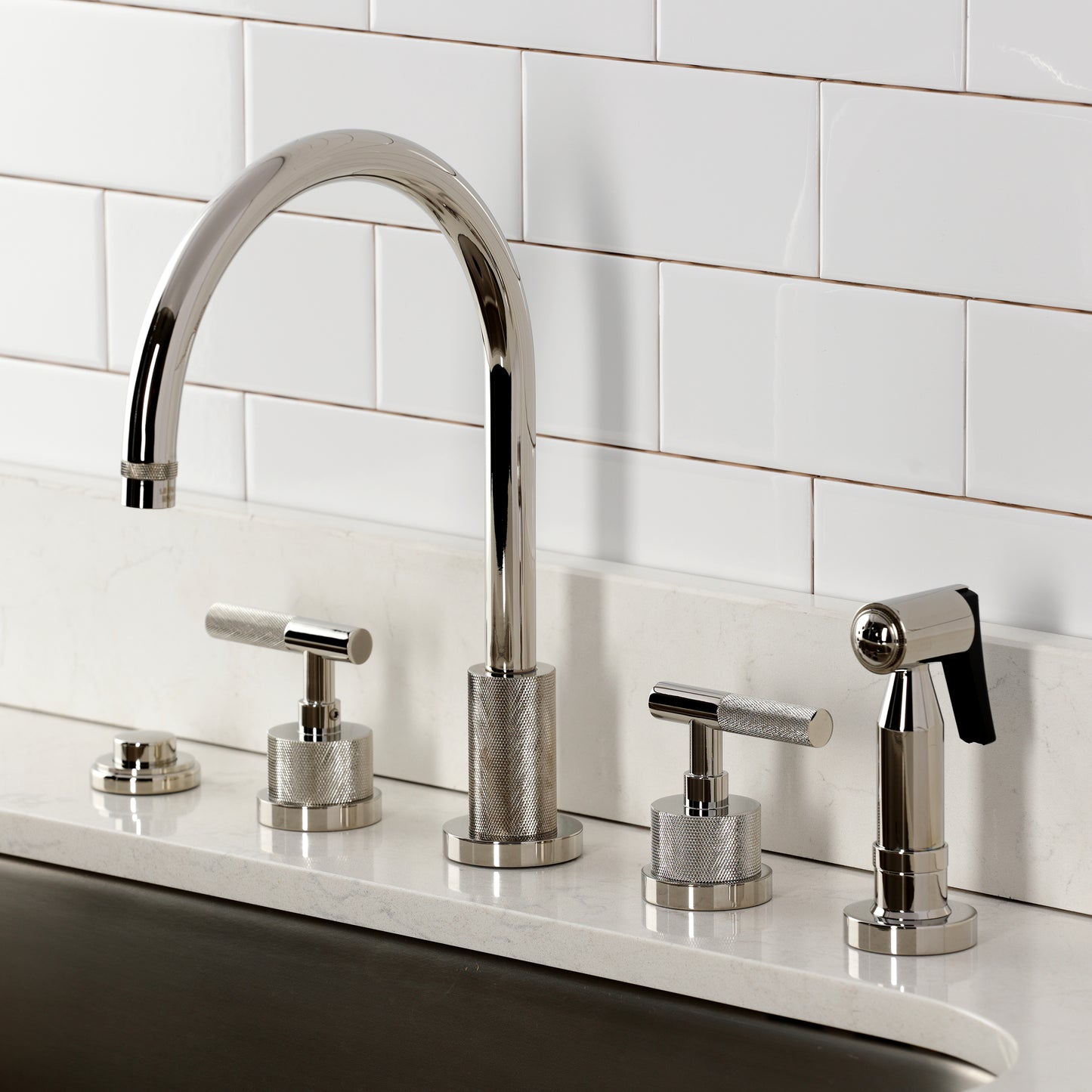 Kingston Brass KS8723KNLBS Convergent Double-Handle Widespread Kitchen Faucet with Knurled Handle and Brass Sprayer, Antique Brass