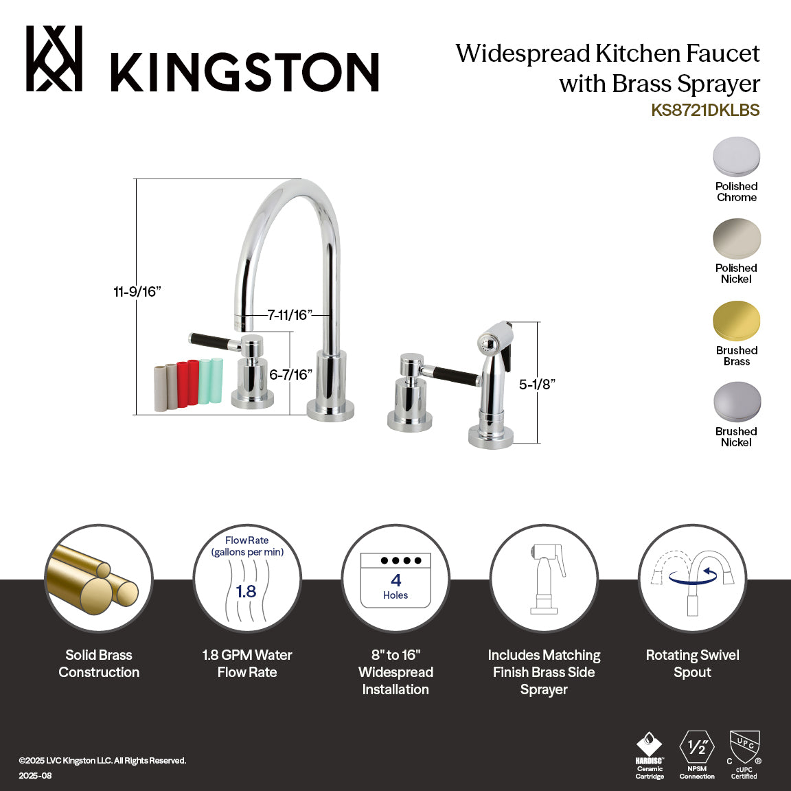 Kingston Brass KS8727DKLBS Kaiser Double-Handle Widespread Kitchen Faucet with Brass Sprayer, Brushed Brass