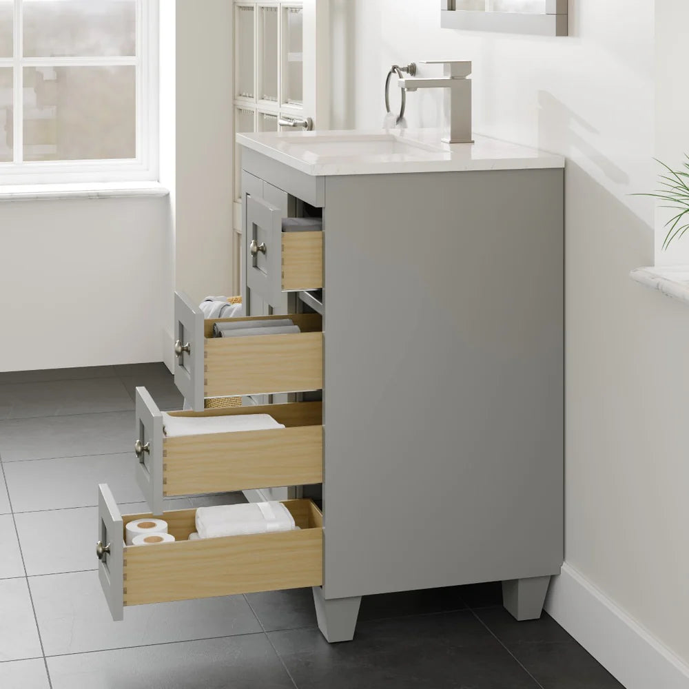 Corner view of Eviva Acclaim 24" single vanity in gray with drawers open showing dovetailed drawers