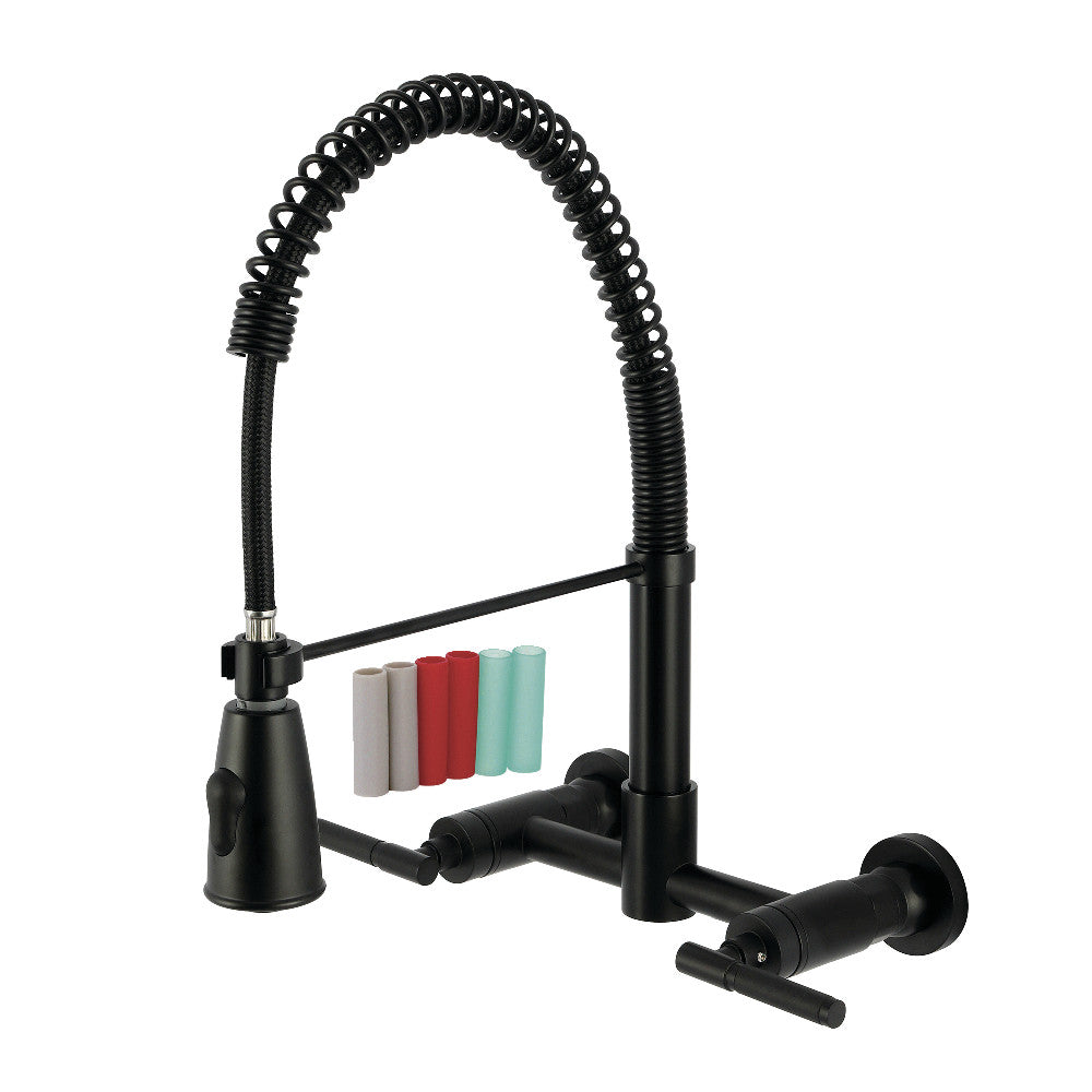 Kingston Brass GS8287CKL Kaiser Double-Handle Wall-Mount Pre-Rinse Bridge Kitchen Faucet, Brushed Brass with flexible spout.