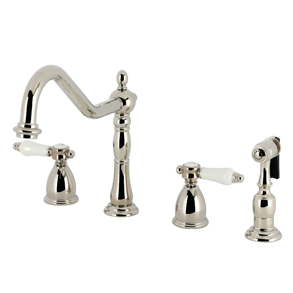 Kingston Brass KB1793BPLBS Bel-Air Double-Handle Widespread Kitchen Faucet with Brass Sprayer, Antique Brass