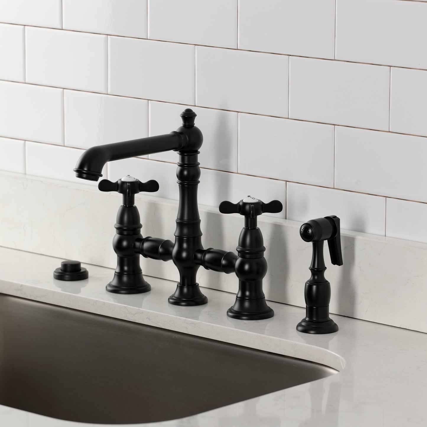 Kingston KS7277BEXBS Essex Bridge Kitchen Faucet with Brass Sprayer, Brushed Brass in a modern kitchen setting