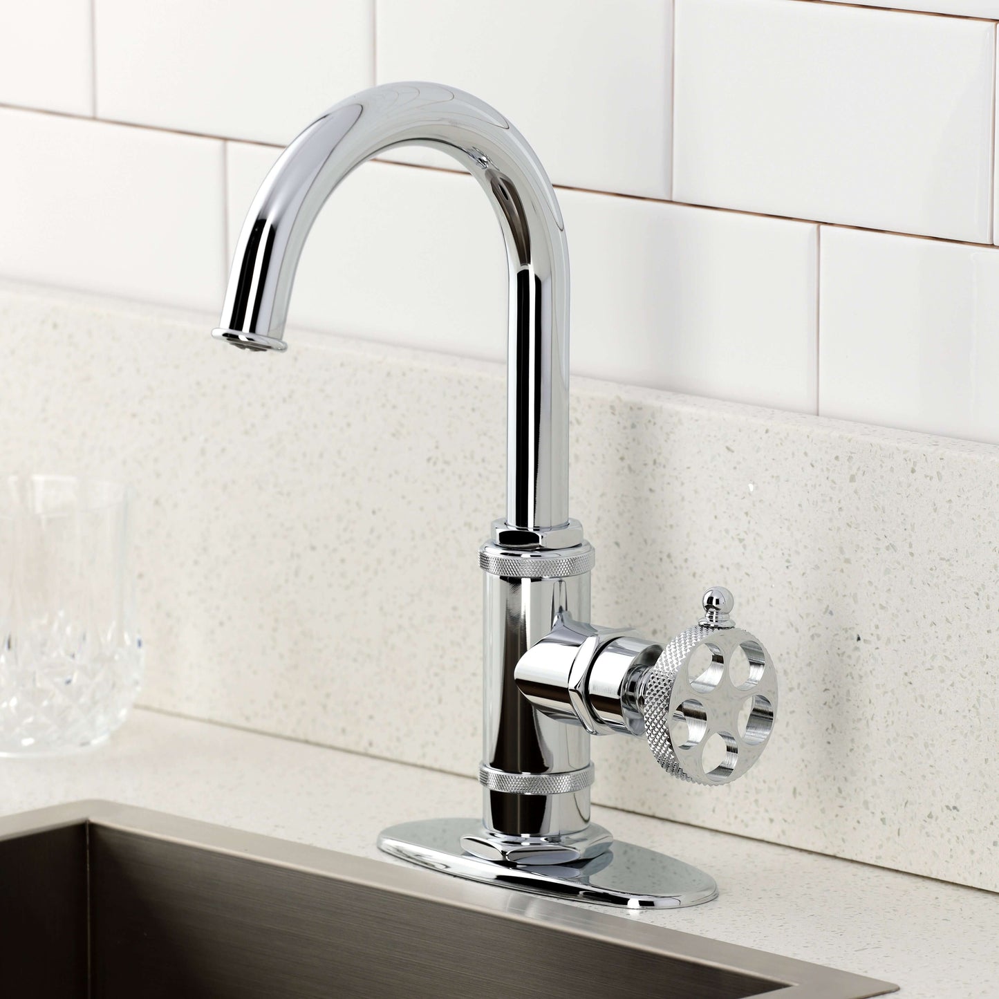 Kingston Brass KSD8503RKX Webb Single-Handle Bar Faucet with Knurled Handle, Antique Brass in modern kitchen setup