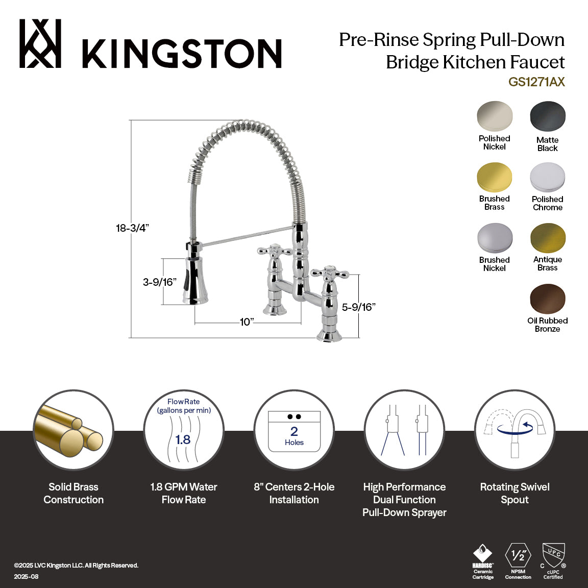 Gourmetier GS1273AX Heritage Double-Handle Deck-Mount Pre-Rinse Bridge Kitchen Faucet, Antique Brass with spring pull-down feature