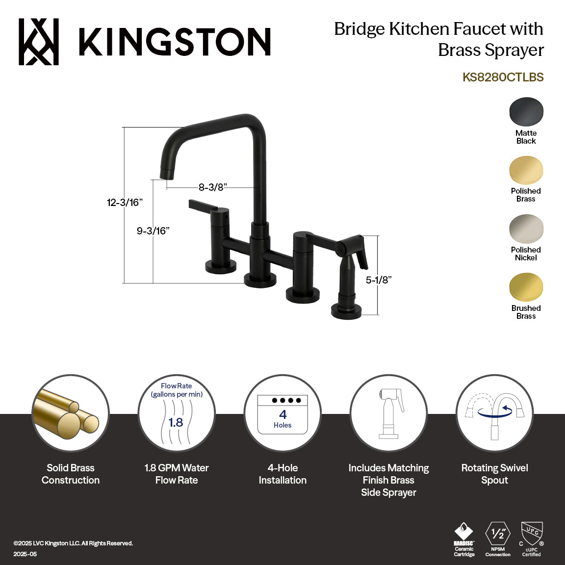 Kingston KS8287CTLBS Continental Bridge Kitchen Faucet with Brass Sprayer, Brushed Brass image with dimensions and features.