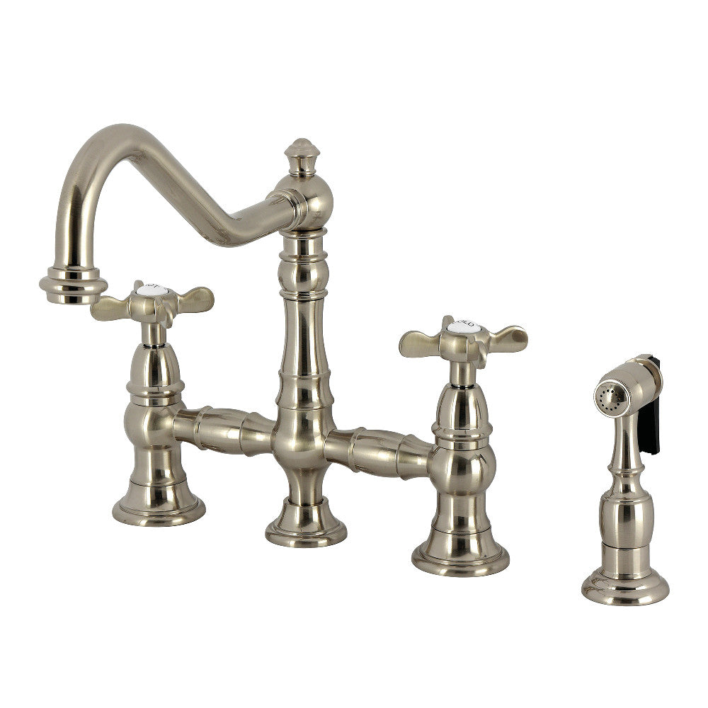 Kingston KS3277BEXBS Essex Bridge Kitchen Faucet with Brass Sprayer, Brushed Brass in elegant design.