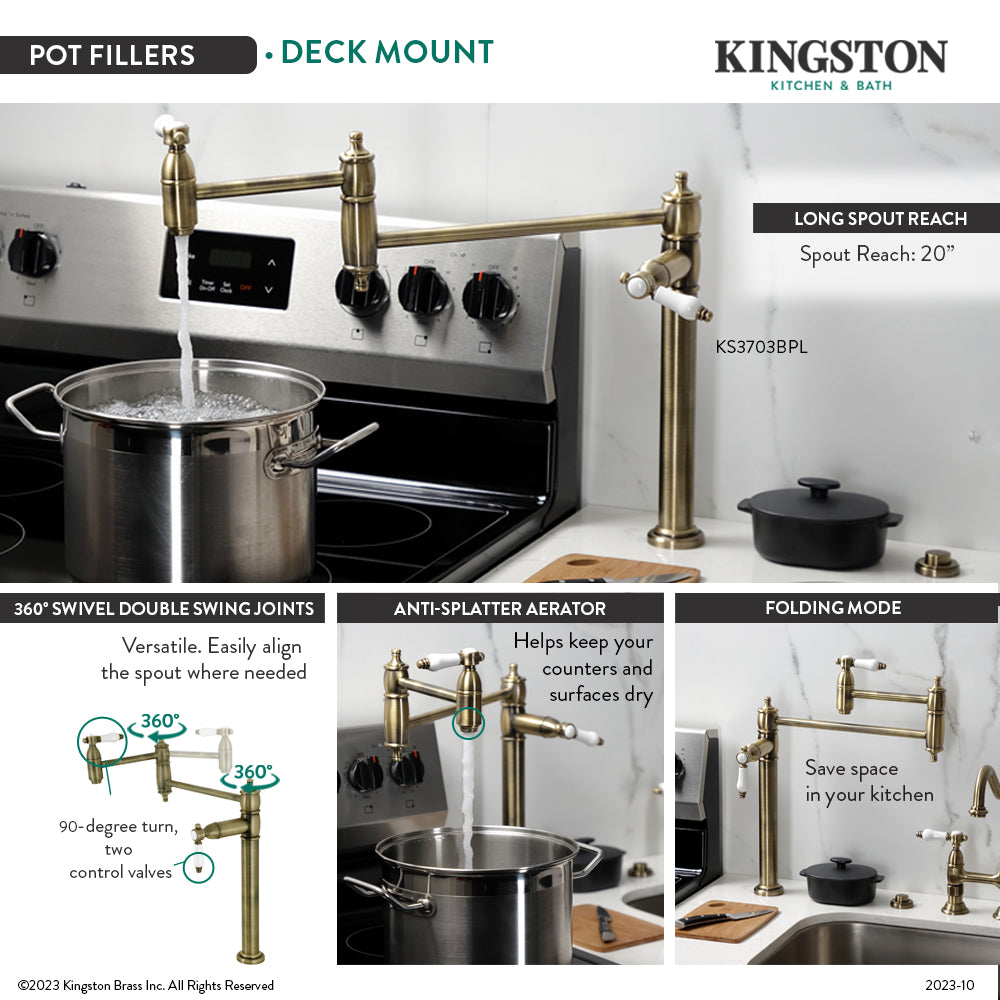 Kingston Brass KS3703BPL Bel-Air Deck Mount Pot Filler Faucet, Antique Brass in kitchen with pot on stove.