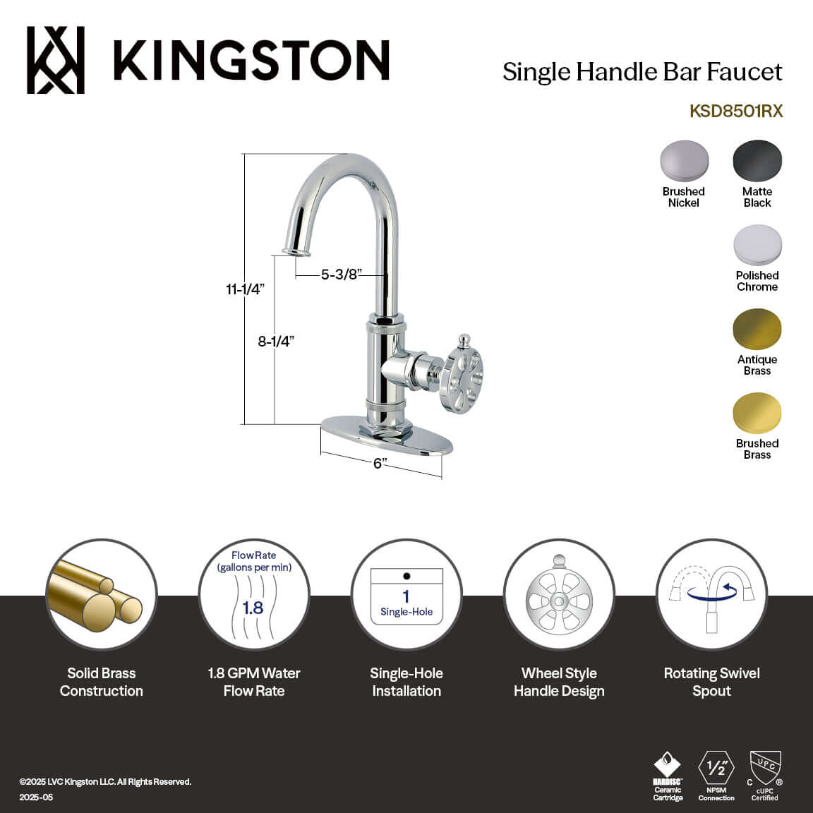Kingston Brass KSD8503RX Belknap Single-Handle Bar Faucet in Polished Chrome with high-arc spout and wheel style handle.