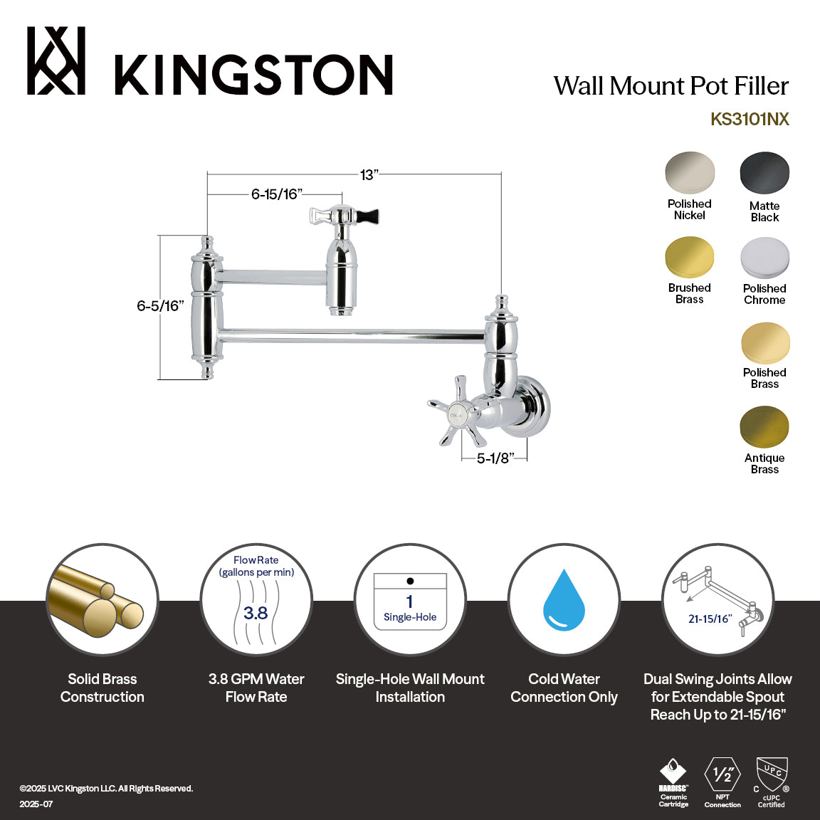 Kingston Brass KS3103NX Hamilton Wall Mount Pot Filler Faucet, Antique Brass with dimensions and features.