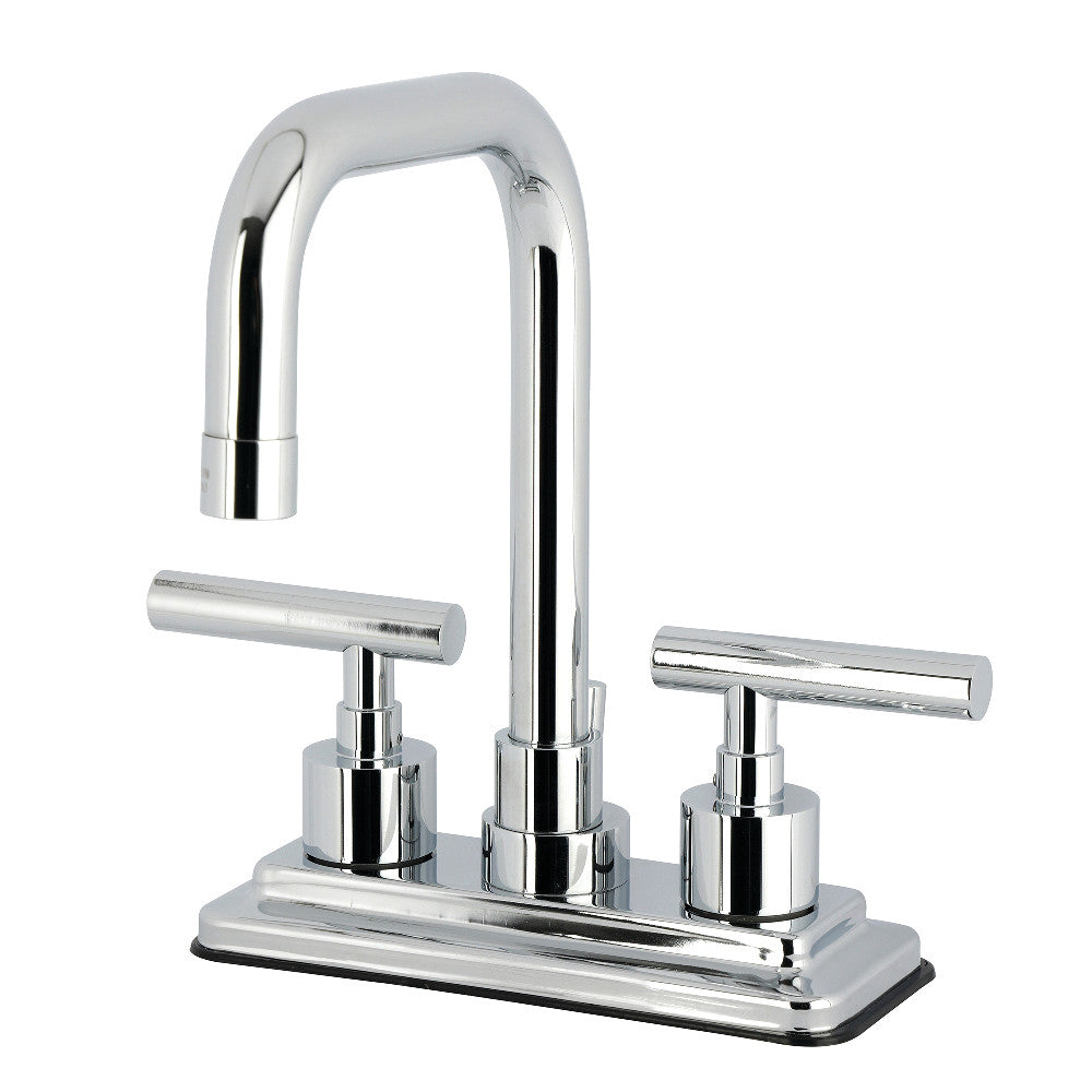 Kingston Brass KS6643CML Manhattan Centerset Bathroom Faucet right side view showcasing high-arc design and tubular lever handles.