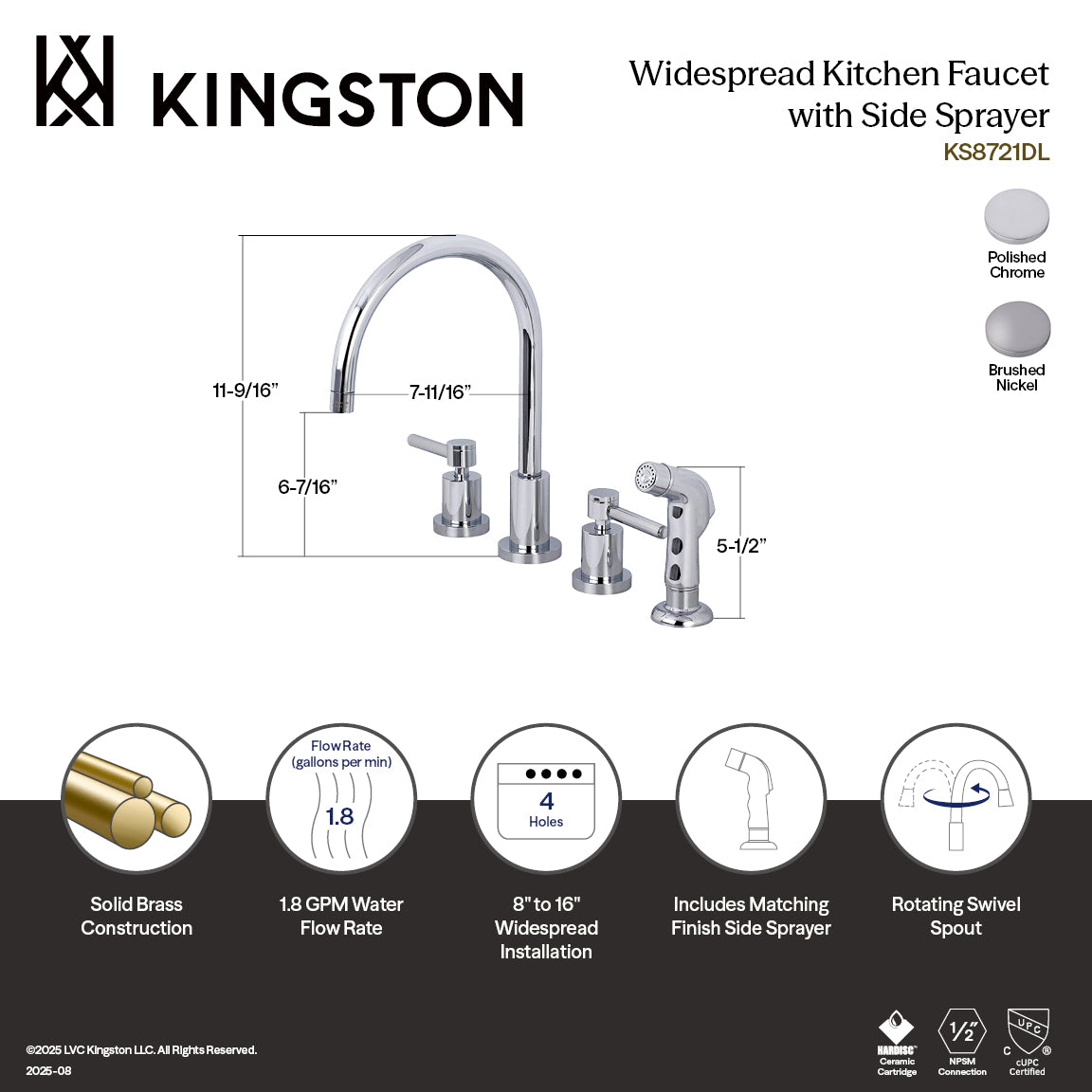 Kingston Brass KS8728DL Concord Double-Handle Widespread Kitchen Faucet with Plastic Sprayer, Brushed Nickel