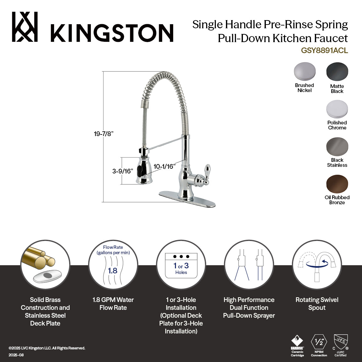 Gourmetier GSY8894ACL American Classic Single-Handle Deck-Mount Pre-Rinse Kitchen Faucet, Black Stainless specifications and features.