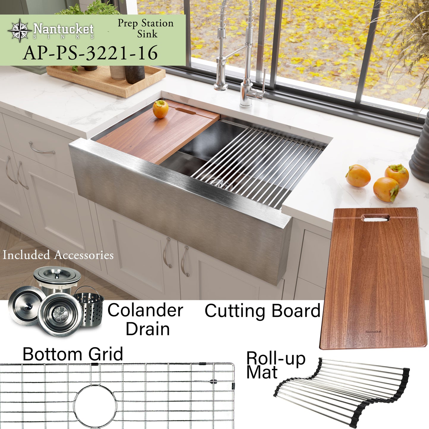 Nantucket 33" Pro Series Single Bowl Apron Front Stainless Steel Kitchen Sink - AP-PS-3221-16