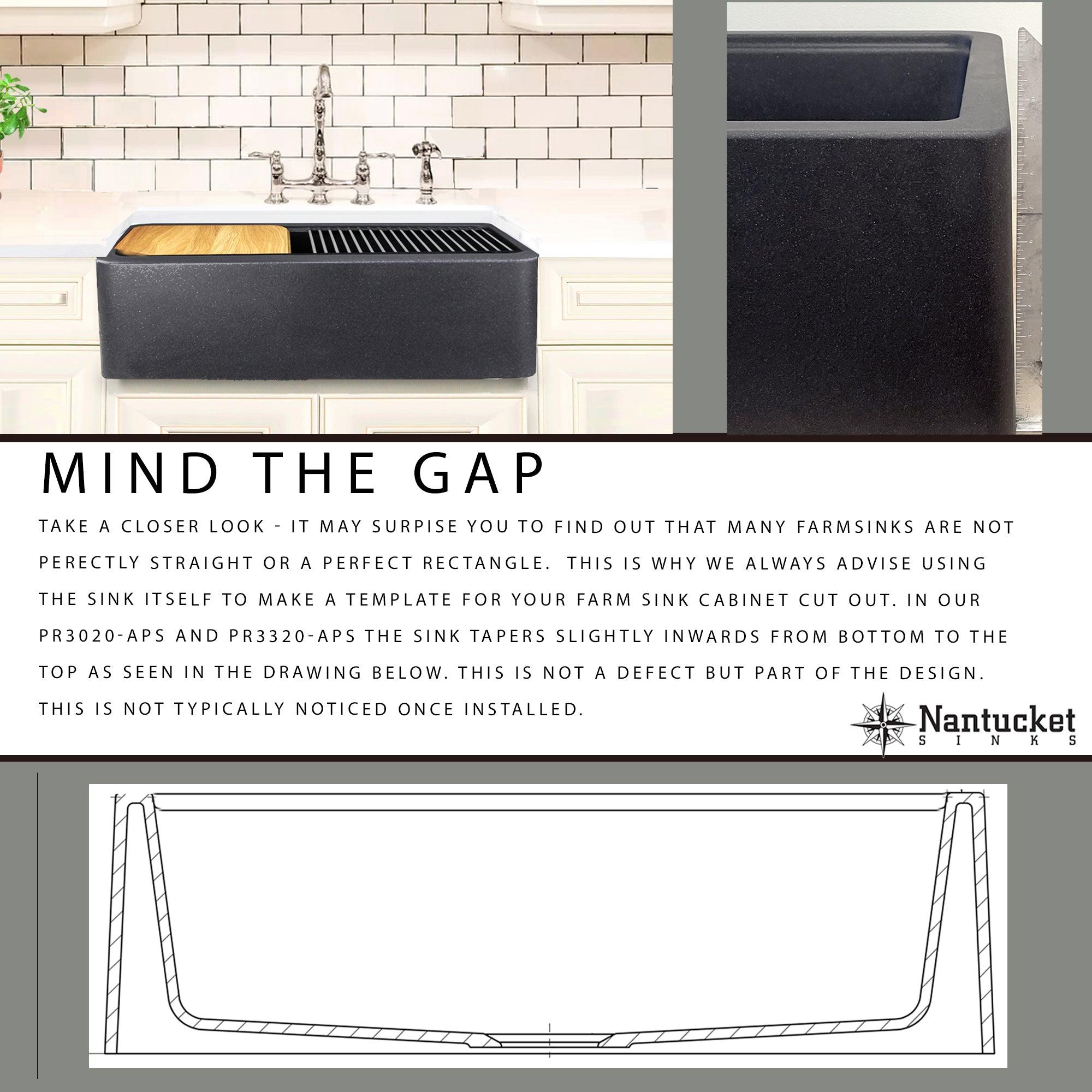 Nantucket APS granite workstation sink tapered basin detail
