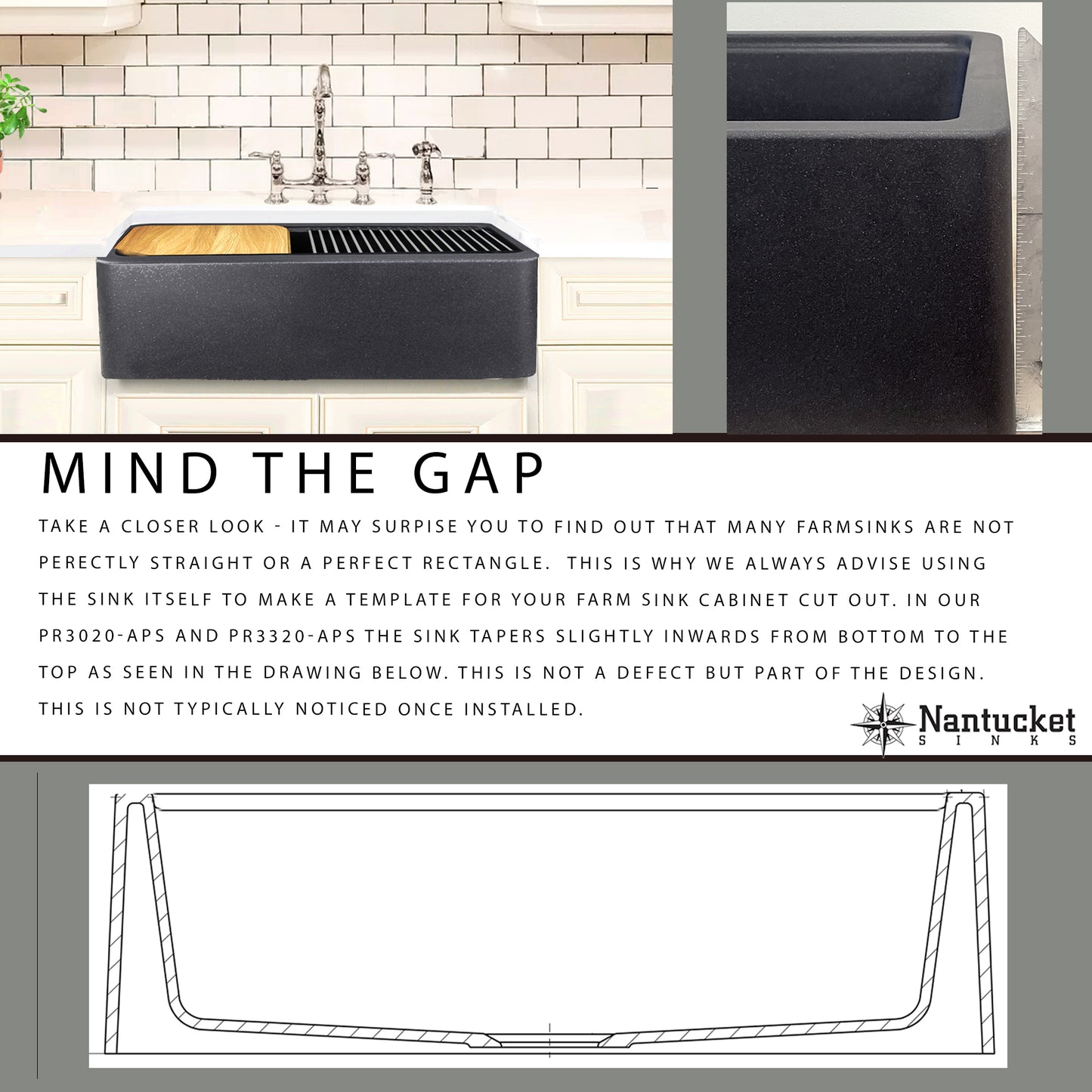 Nantucket APS granite workstation sink tapered basin detail