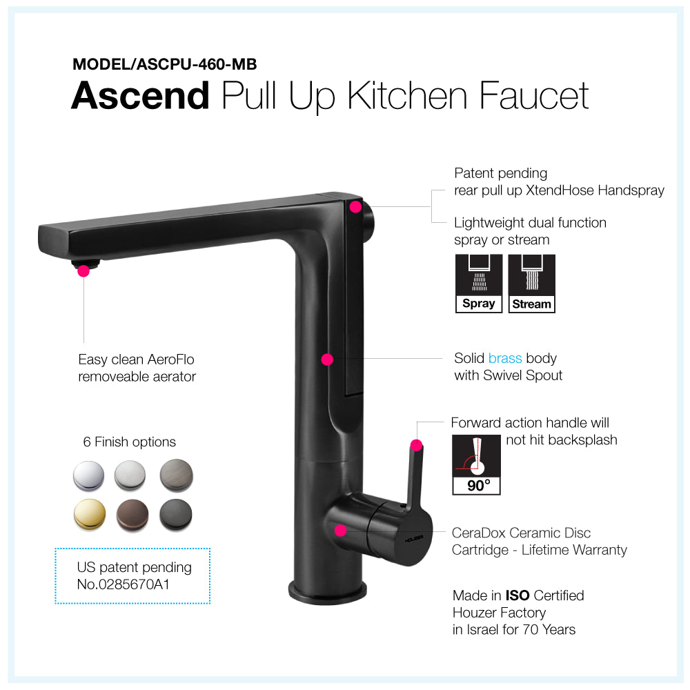 HOUZER ASCEND Matte Black Integrated Single Handle Pull-Up Kitchen Faucet - ASCPU-460-MB