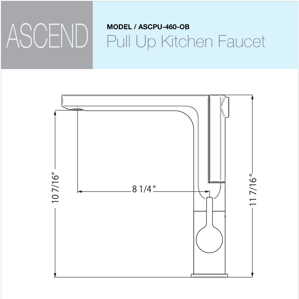 HOUZER ASCEND Matte Black Integrated Single Handle Pull-Up Kitchen Faucet technical drawing and specifications