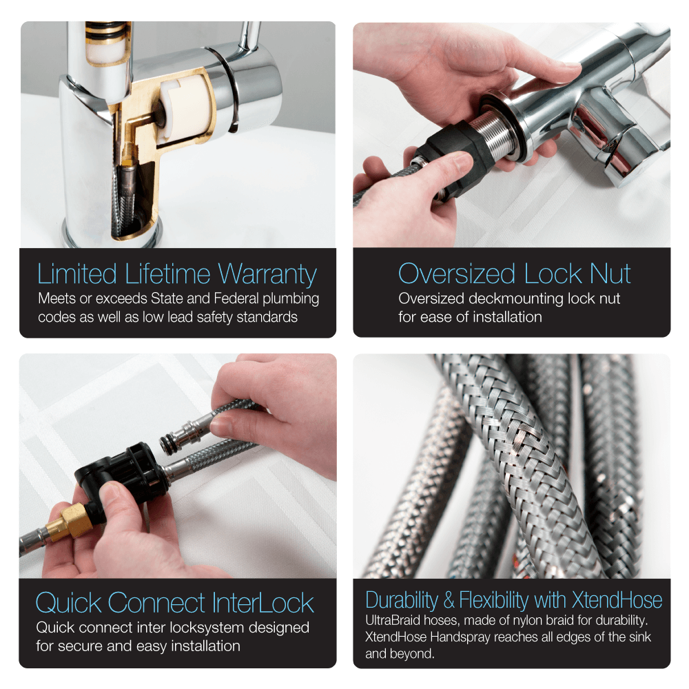 HOUZER ASCEND Matte Black Integrated Single Handle Pull-Up Kitchen Faucet features and details including warranty and installation.