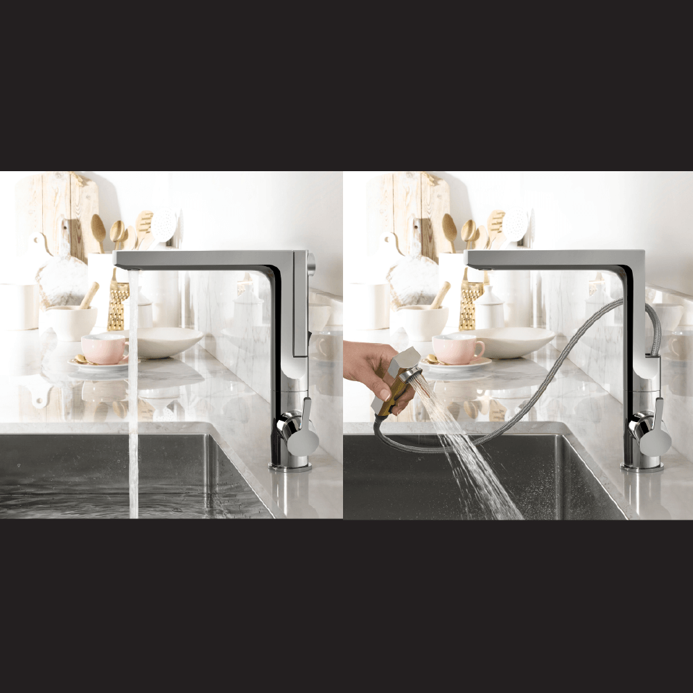 HOUZER ASCEND Matte Black Integrated Single Handle Pull-Up Kitchen Faucet in action, showcasing pull-up technology.