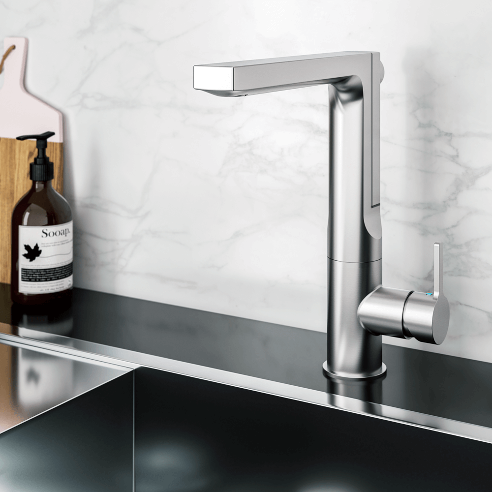 HOUZER ASCEND Matte Black Integrated Single Handle Pull-Up Kitchen Faucet in modern kitchen setting with sleek design.