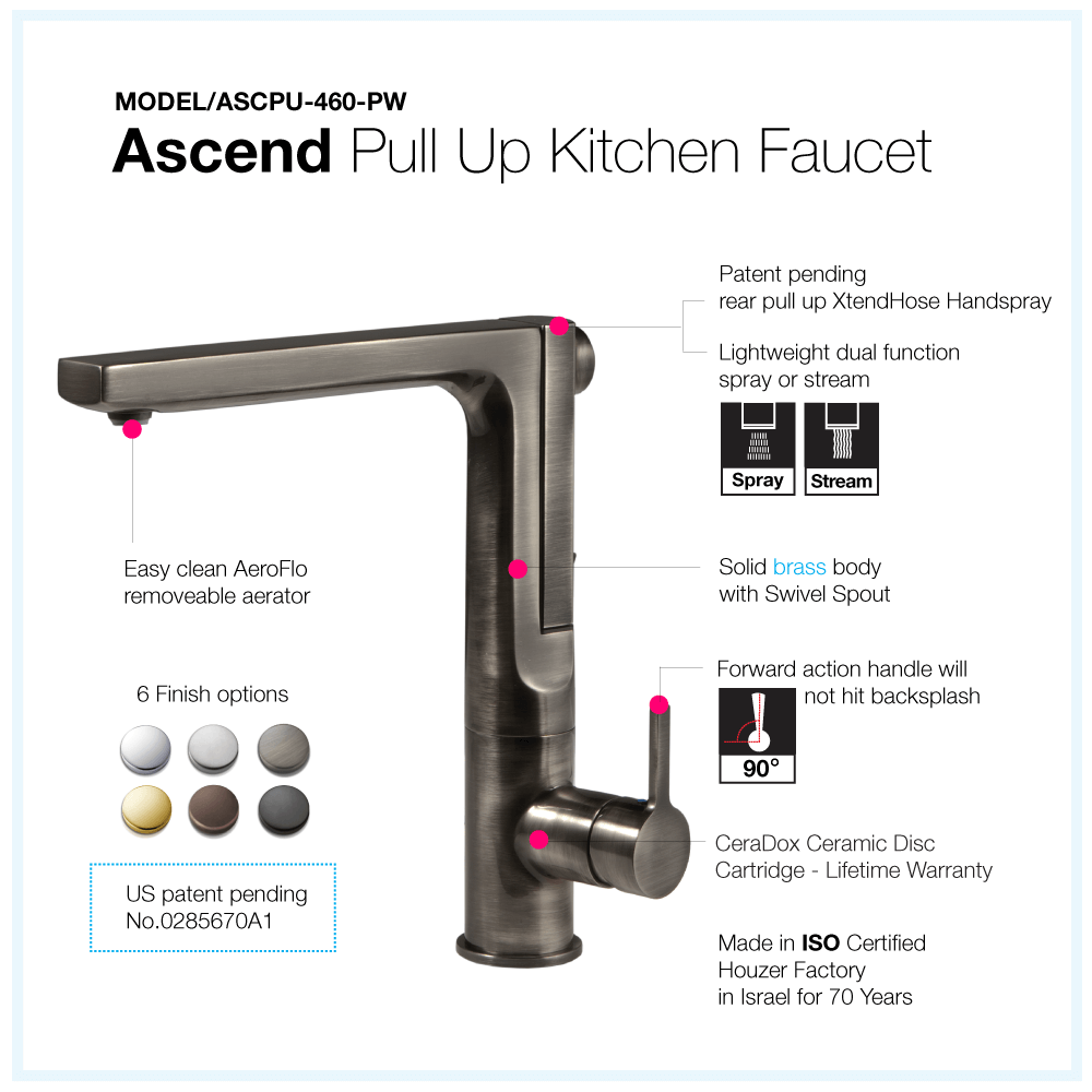 HOUZER ASCEND Matte Black Integrated Single Handle Pull-Up Kitchen Faucet features and specifications.